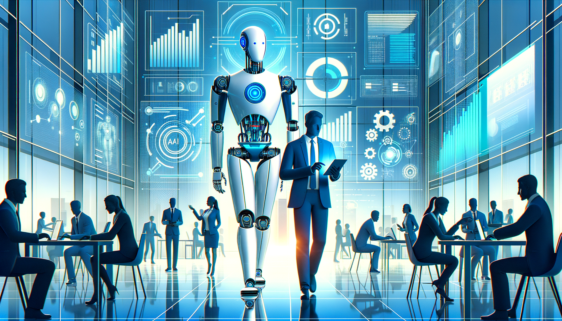 AI Agents trabalhando em harmonia com profissionais humanos em ambiente corporativo moderno com automação e tecnologia integrada