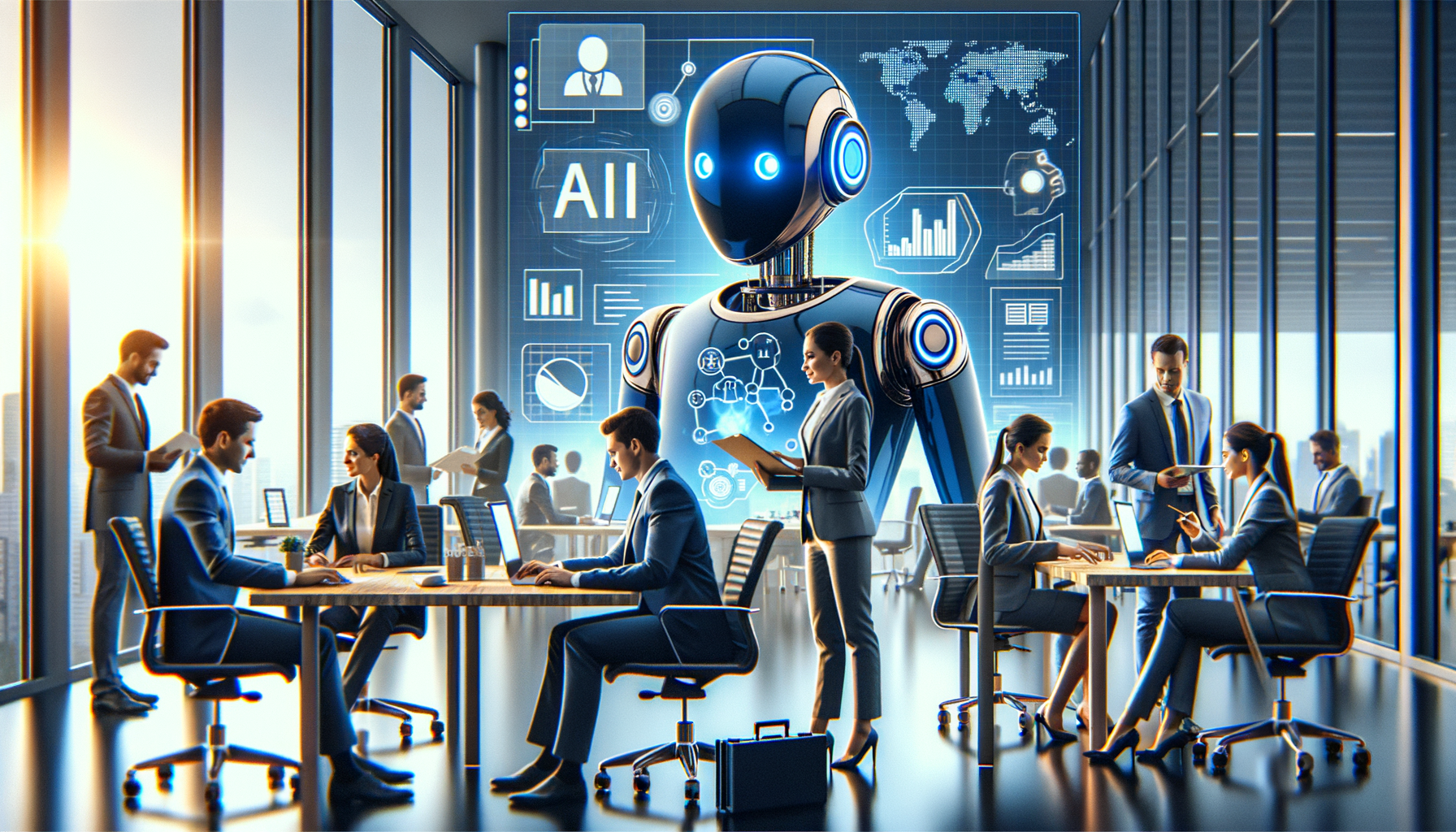 AI Agents trabalhando em escritório moderno representando transformação digital