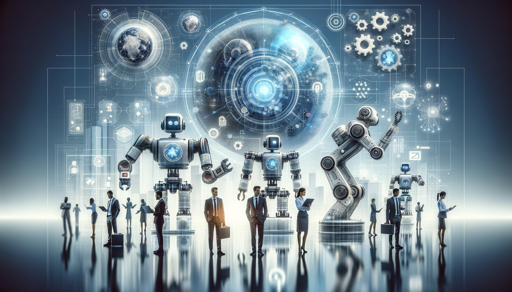 Robôs colaborativos trabalhando com humanos em ambiente industrial moderno - automação inteligente